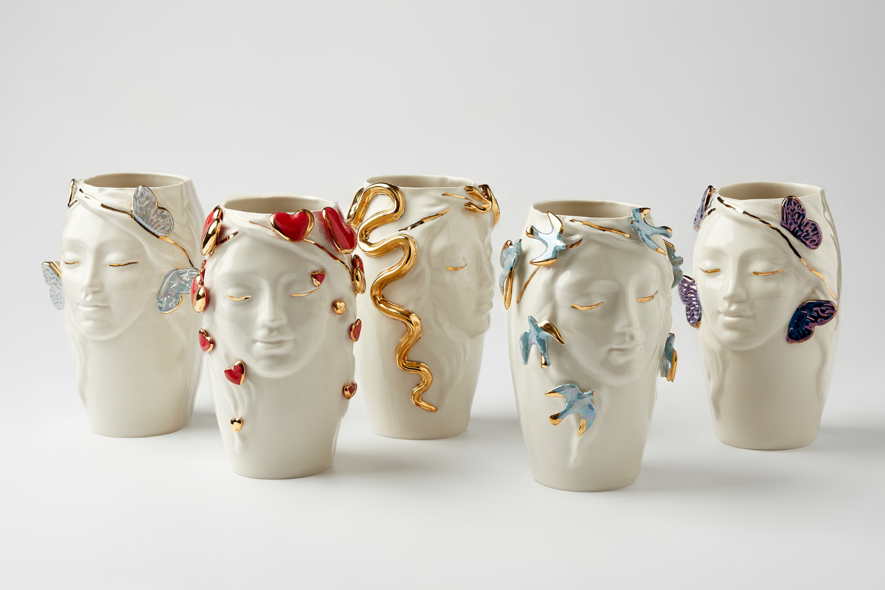 Maji Character Vase Series – Five-Piece Set; Soft Chaos · Second Nature · Blue Whisper · Blue-Winged Quiet Bloom · Purple-Winged Quiet Bloom